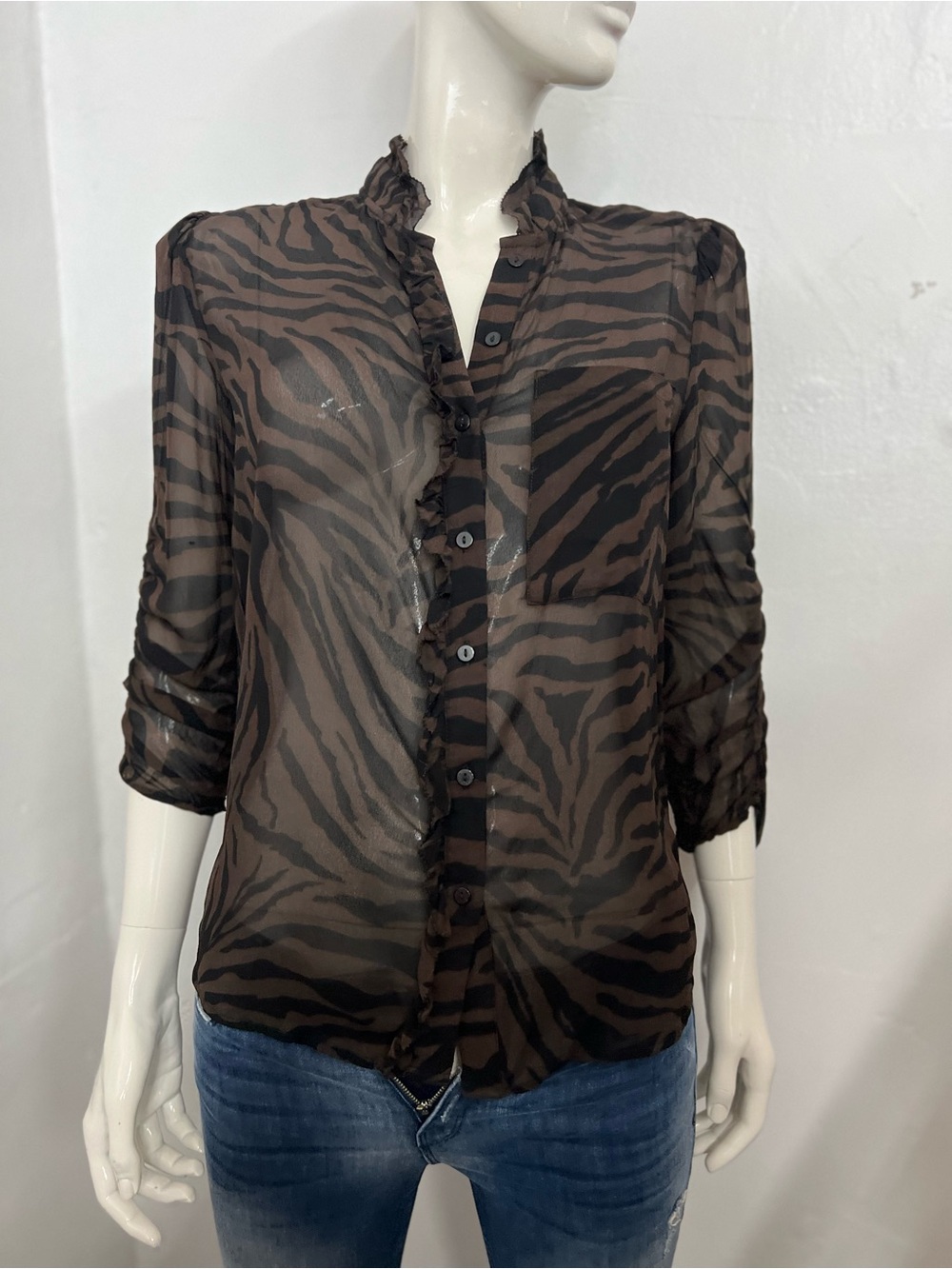 ba&sh Brown and Black Zebra-Print Sheer Button-Down Blouse